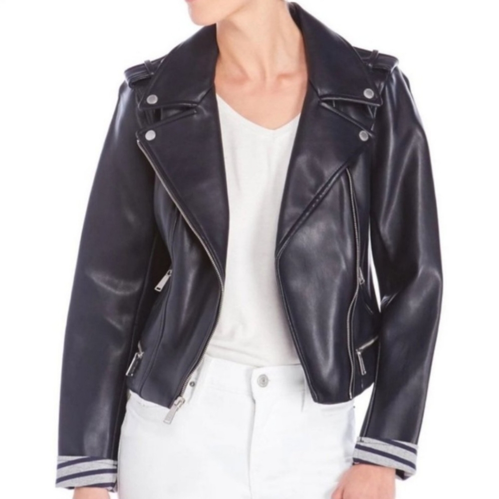BCBC Generation Faux-Leather Navy Crop Moto Jacket (XS)